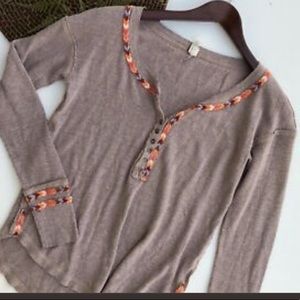 Free People S Taupe Cotton Blend Rainbow Thermal Henley Tee Shirt